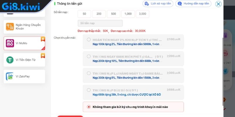 Nạp và rút tiền GI8 thao tác thanh toán